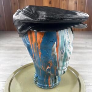 VTG Newsboy Hat Med (7- 7 1/4) Black Lambskin Leather Peaky Blinder Union Made